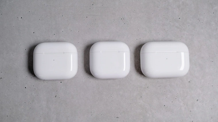 From left to right are the first-generation AirPods, the AirPods 4 and the AirPods Pro 2. Size-wise, the new AirPods 4 are smaller.