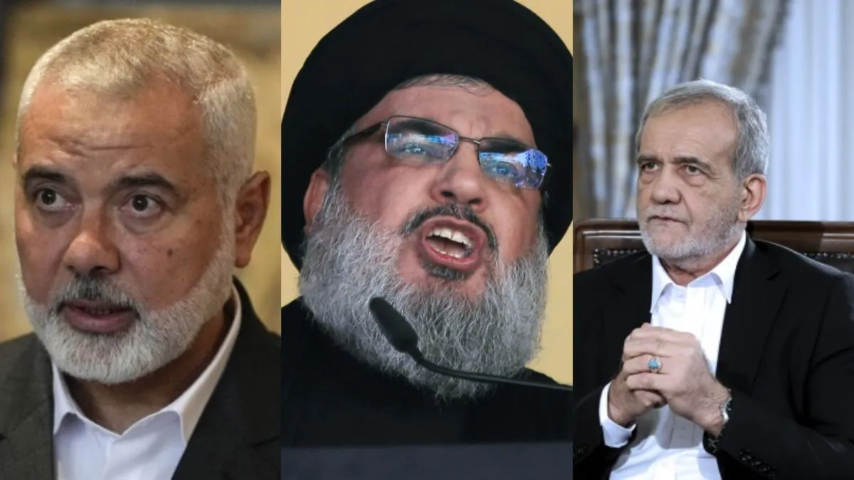 Hamas chief Ismail Haniya (left), Hezbollah chief Hassan Nasrallah (centre) and Israel form new state - India TV Hindi