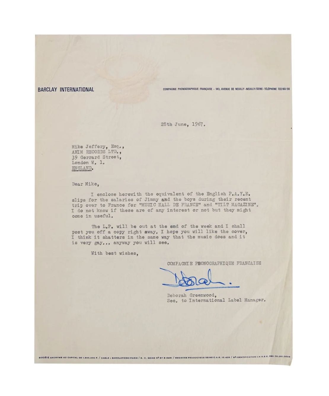 A payment receipt for Hendrix and his bandmates is among a collection of his personal items that will be auctioned in November. Credit: Propstore