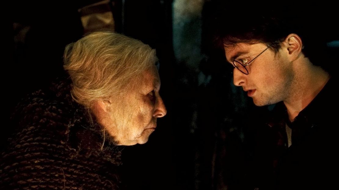 Hazel Douglas as Bathilda Bagshot and Daniel Radcliffe as Harry Potter 