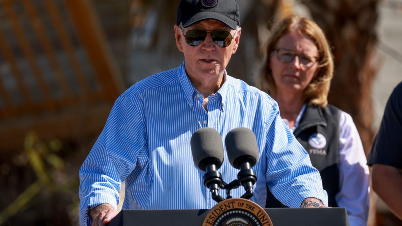 ST PETE BEACH, FLORIDA - OCTOBER 13: US President Joe Biden speaks to the media after visiting the damage caused by Hurricane Milton on October 13, 2024 in St Pete Beach, Florida. Biden visited the area in response to hurricanes that caused extensive damage. (Photo: Joe Radle/Getty Images)