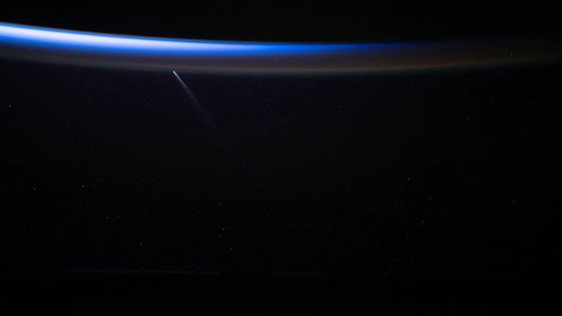 Timelapse photo of Comet C/2023 A3 Tsuchinshan-ATLAS from the International Space Station as it orbited 438 kilometers from the South Pacific Ocean, southeast of New Zealand, at dawn on September 28, 2024. At that time, the comet was more than 70. million km from earth